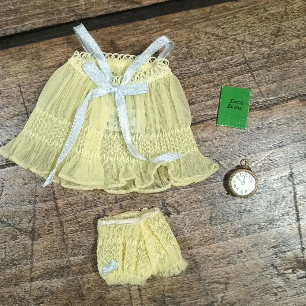 Vintage Barbie Mattel Doll Clothes 1960's Pajamas Set Yellow Shorts Top Clock